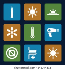 Heat icons set. set of 9 heat filled icons such as hair dryer, sun, sun rise, no brightness, candle, heating system