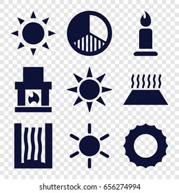 Heat icons set. set of 9 heat filled icons such as sun, candle, brightness, heating system in car, heating system