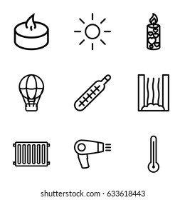 Heat icons set. set of 9 heat outline icons such as hair dryer, candle, thermometer, radiator, sun, heating system