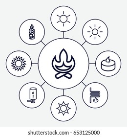 Heat icons set. set of 9 heat outline icons such as sun, candle, geyser, heating system