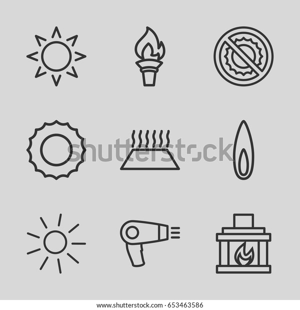 Heat\
icons set. set of 9 heat outline icons such as sun, hair dryer, no\
brightness, fireplace, flame, heating system in\
car