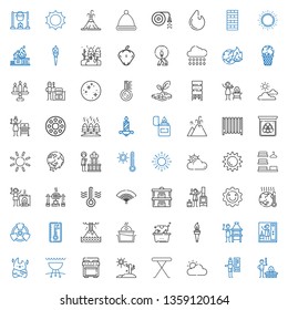 heat icons set. Collection of heat with bbq, thermostat, cloudy, iron table, drought, stove, grill, bonfire, steam, brick grill, torch, laundry. Editable and scalable heat icons.