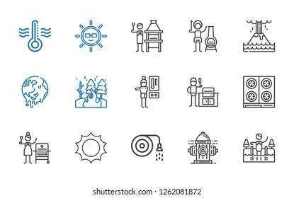 heat icons set. Collection of heat with cold water, hydrant, hose, sun, grill, stove, bbq grill, thermostat, fire, global warming, eruption. Editable and scalable heat icons.