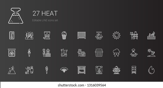 heat icons set. Collection of heat with hydrant, rain, oven, fan, torch, heater, eruption, raining, laundry, bbq grill, bonfire, geyser, radiation. Editable and scalable heat icons.