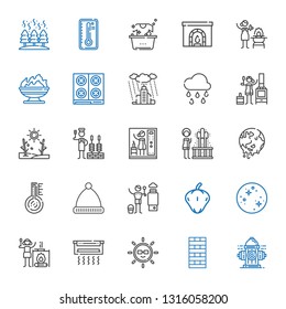 heat icons set. Collection of heat with hydrant, chimney, sun, air conditioner, campfire, mercury, pepper, heater, winter hat, thermometer, global warming. Editable and scalable heat icons.