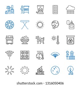 heat icons set. Collection of heat with match, mercury, fire, sun, geyser, fan, global warming, stove, radiation, thermometer, grill, lighter. Editable and scalable heat icons.