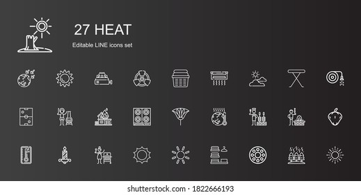 heat icons set. Collection of heat with rolling wheel, laundry, sun, grill, candle, temperature, churrasco, global warming, fan, stove, fire. Editable and scalable heat icons.