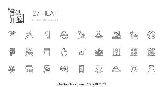 heat icons set. Collection of heat with stove, grill, water dispenser, hose, burner, laundry, candle, bonfire, cold water, chimney, fire, oven. Editable and scalable heat icons.