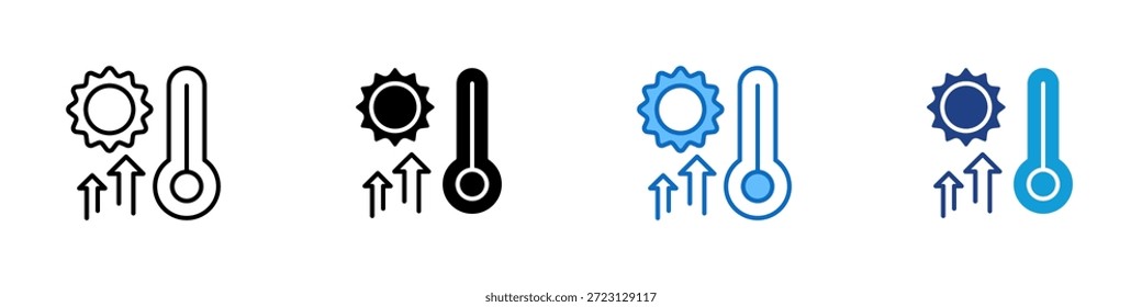 Vector de diseño de íconos de estilo múltiple de aumento de calor: sol con termómetro y flechas ascendentes que representan el aumento de la temperatura y la exposición al calor