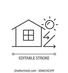 Wärmedämmung linear Symbol. Isolierung des Hauses gegen Hitze. Wärmedämmung. Energieeffizientes Haus. Dünne, anpassbare Illustration. Contour-Symbol. Vektor-einzelne Rahmenzeichnung. Bearbeitbarer Hub