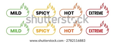 Heat level indicators with flame and text labels in various isolated on white background