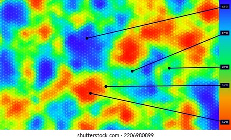 Fondo Hexagonal del mapa de calor. Escaneo de paisajes de la interfaz de usuario de la cámara térmica infrarroja. Concepto de Calentamiento Global del Radar del Escáner de Temperatura. Ilustración vectorial.