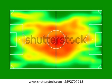 Heat map on soccer field. Player movement data. Vector illustration.
