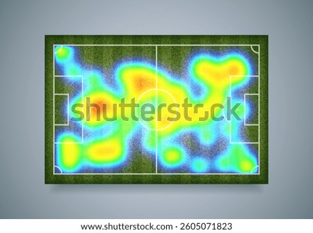 Heat map on soccer field. Player movement data. Vector illustration.
