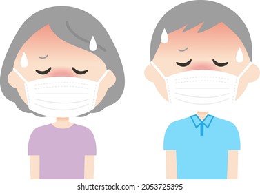 The heat of the mask makes the faces of an elderly woman and man sultry.