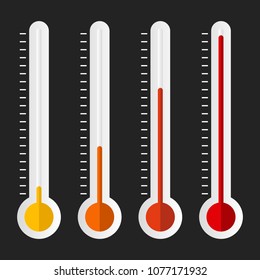 Heat meter with different temperatures and colors isolated on dark background. Four step thermometer infographic elements.