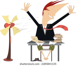Heat in the office. Office, businessman, fan cooling air.
Man in the office without pants and shoes trying to escape from the heat using a fan
