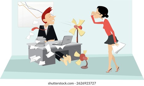 Heat in the office. Fans cooling air. The businessman took off his shoes. Secretary holds her nose from odor nuisance. Man in the office without shoes trying to escape from the heat using two fans