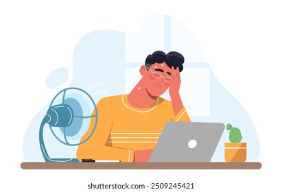 Calor no escritório. O homem sofre com o tempo quente. Jovem sentado no laptop perto de um ventilador elétrico. Trabalhador na temporada de verão perto de cooler. Ilustração de vetor plano isolada no plano de fundo branco