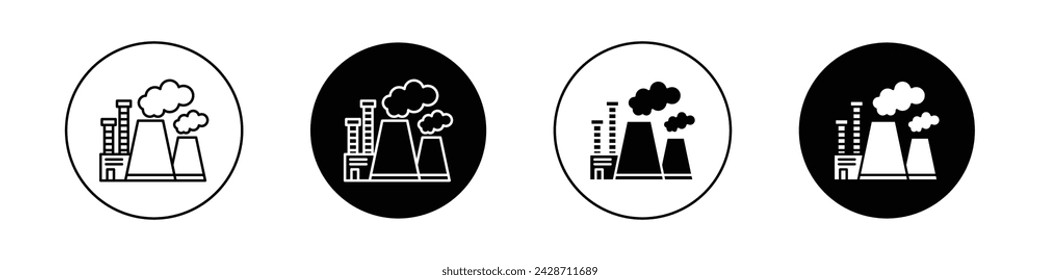 Heat Power Station Icon Set. Tower Steam Thermal Vector Symbol in a Black Filled and Outlined Style. Energy Generation Sign.