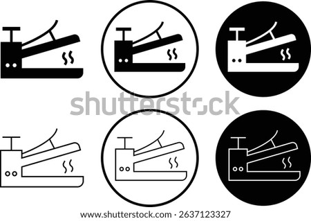 Heat press flat, line icon set. Cloth, hair straightener electric machine tool symbol. Vectors household hand iron device. Electronic hot steam seal maker. Plastic bag logos on transparent background.