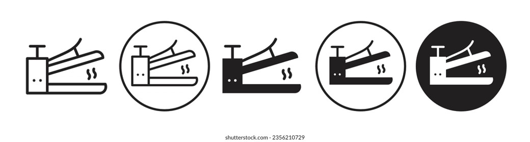 Heat press icon. Cloth or hair straightener electric machine tool symbol. Vector set of household hand iron device. Flat outline of electronic hot steam packaging seal maker. Plastic bag sealing logo 