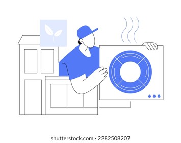 Heat pump abstract concept vector illustration. Man dealing with heat pump installation, ecology environment, sustainable building, eco-friendly architecture construction abstract metaphor.