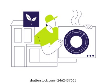 Heat pump abstract concept vector illustration. Man dealing with heat pump installation, ecology environment, sustainable building, eco-friendly architecture construction abstract metaphor.