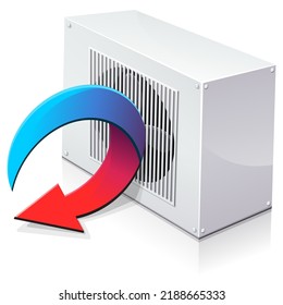 Heat pump with an arrow changing from blue to red indicating the expulsion of calories from the air to cool a building  on white background