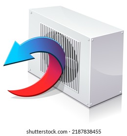 Heat pump with an arrow changing from red to blue indicating the recovery of calories from the air for heating a building on white background