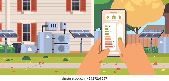 Heat pump control with smartphone. Home green technologies flat illustration