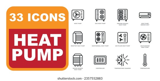 Heat pump icon collection. Home heating and cooling systems.