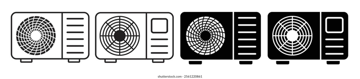 Heat pump icon vector. Air source heat pump linear icons. AC outdoor unit symbols set. Heating and cooling appliance. HVAC illustration.