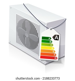 Heat pump on which hangs a label of energy efficiency class A on a white background