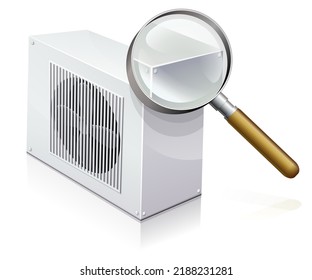 Heat pump on which a magnifying glass zooms in on part of the device on white background