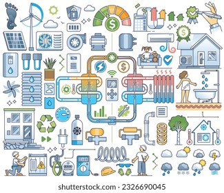 Heat pump system with home climate thermal heating pipeline outline collection set. Elements with temperature devices or hot water supply with effective and nature friendly method vector illustration