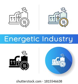 Heat recovery system icon. Linear black and RGB color styles. Sustainable energy industry, cogeneration. Power generation with zero waste. Industrial equipment. Isolated vector illustrations