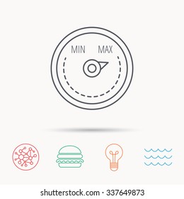 Heat regulator icon. Radiator thermometer sign. Global connect network, ocean wave and burger icons. Lightbulb lamp symbol.