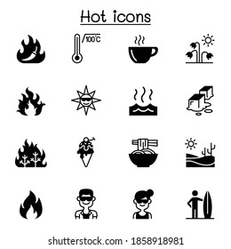Heat related vector icon set. Contains such Icons as heating, temperature, hot coffee, spicy, chili, summer, sun, melting, fire, flame and more.
