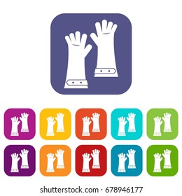 Heat resistant gloves for welding icons set vector illustration in flat style In colors red, blue, green and other