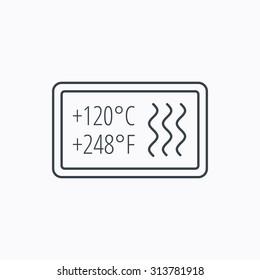 Heat resistant icon. Microwave or dishwasher information sign. Attention symbol. Linear outline icon on white background. Vector