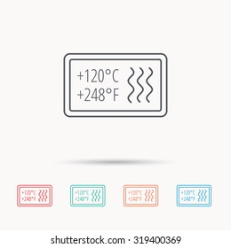 Heat resistant icon. Microwave or dishwasher information sign. Attention symbol. Linear icons on white background. Vector