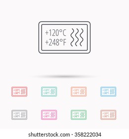 Heat resistant icon. Microwave or dishwasher information sign. Attention symbol. Linear icons on white background.