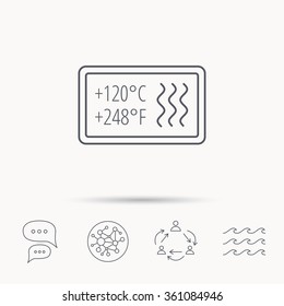 Heat Resistant Icon. Microwave Or Dishwasher Information Sign. Attention Symbol. Global Connect Network, Ocean Wave And Chat Dialog Icons. Teamwork Symbol.