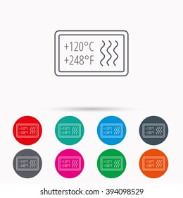 Heat resistant icon. Microwave or dishwasher information sign. Attention symbol. Linear icons in circles on white background.
