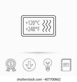 Heat resistant icon. Microwave or dishwasher information sign. Attention symbol. Download arrow, lamp, learn book and award medal icons.