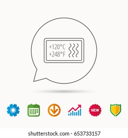 Heat resistant icon. Microwave or dishwasher information sign. Attention symbol. Calendar, Graph chart and Cogwheel signs. Download and Shield web icons. Vector
