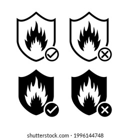 Heat resistant sign concept. Fire resistance. Shield with fire, flame icon. Refractory sign with checkmark and cross symbol. Illustration vector	