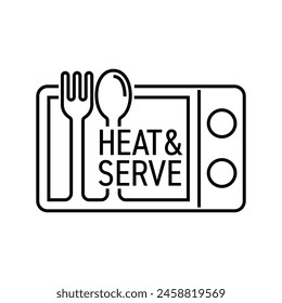 Heat and Serve label for pre-cooked meals packaging - fast dinner using microwave only. Vector emblem with oven, fork and spoon in bold line