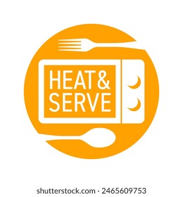 Heat and Serve Etikett für vorgekochte Mahlzeiten Verpackung - schnelles Abendessen nur mit Mikrowelle. Vektorgrafik Emblem mit Backofen, Gabel und Löffel in Kreisform